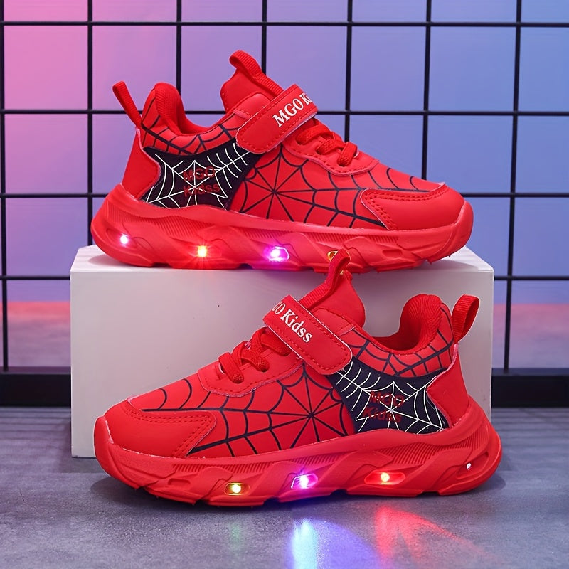 Boys' Light-Up Sneakers with Spiderweb Graphics and an Instep Strap in Red, Black or Blue for Playtime