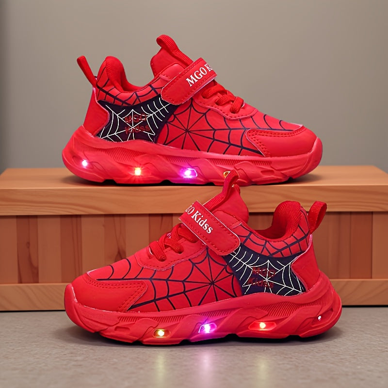 Boys' Light-Up Sneakers with Spiderweb Graphics and an Instep Strap in Red, Black or Blue for Playtime