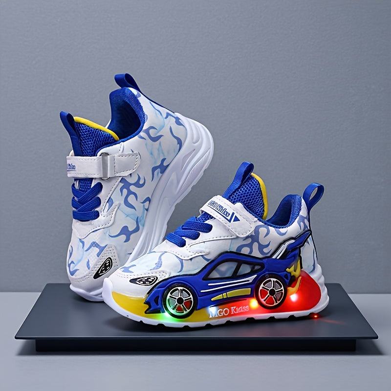 Kids Sneakers with Light-Up Car-Shaped Side Details and Front Straps in Red or Blue for Everyday Play