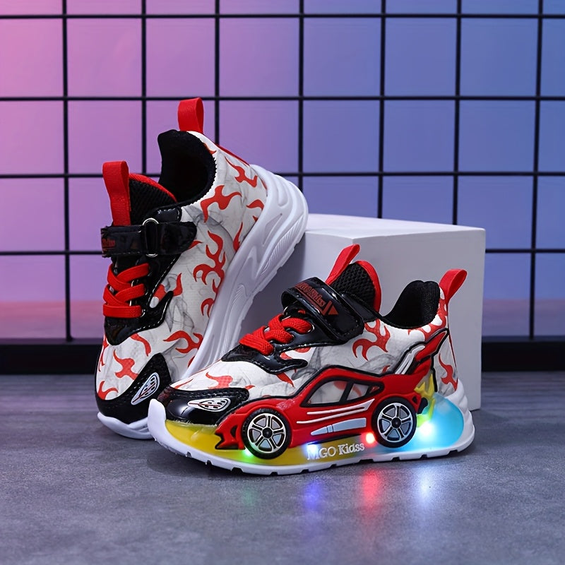 Kids Sneakers with Light-Up Car-Shaped Side Details and Front Straps in Red or Blue for Everyday Play