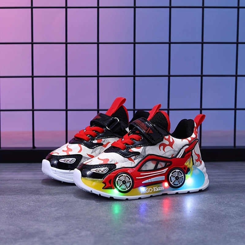 Kids Sneakers with Light-Up Car-Shaped Side Details and Front Straps in Red or Blue for Everyday Play