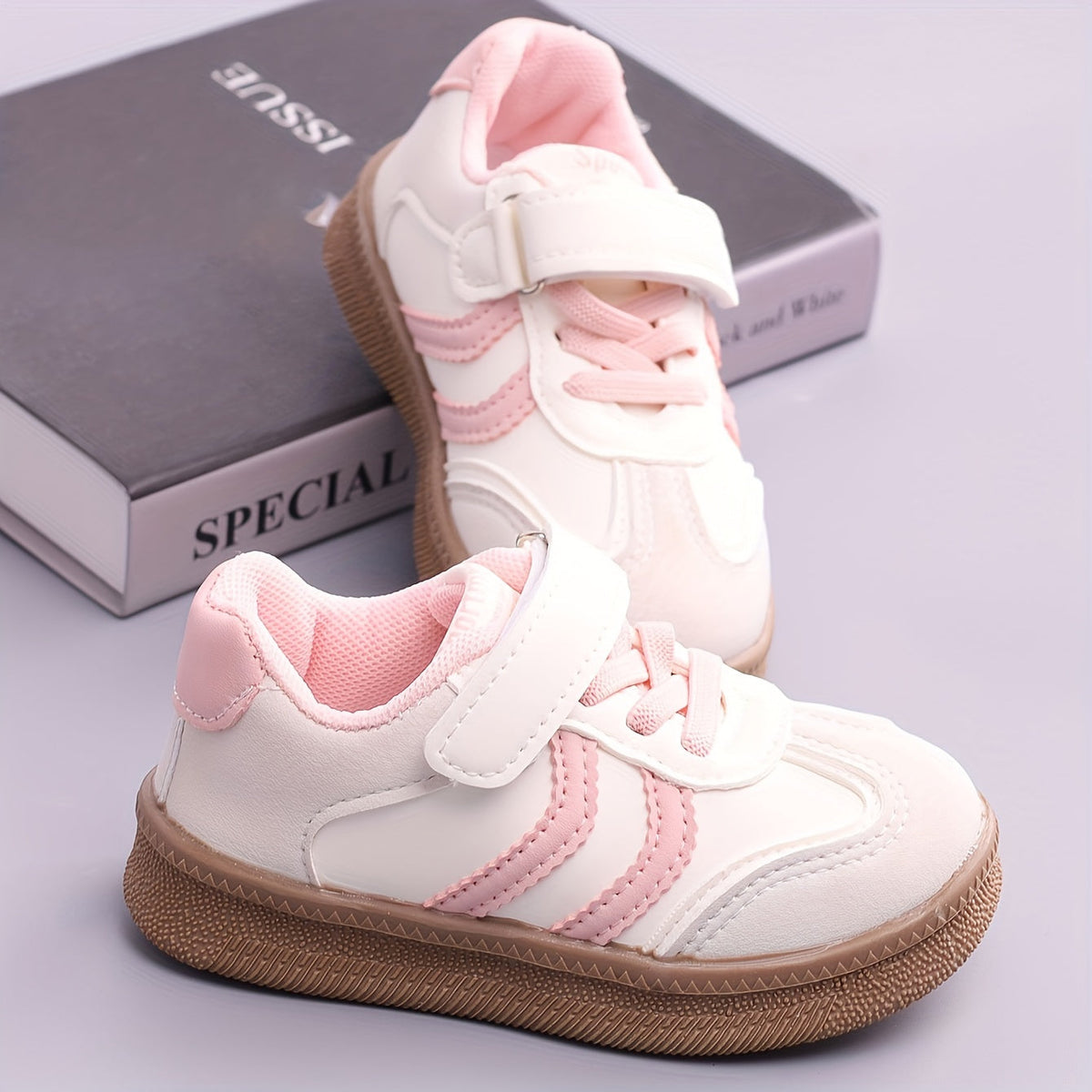 Toddler Striped Sneakers with Hook-and-Loop Top Straps and Tan Soles for Everyday Casual Outfits