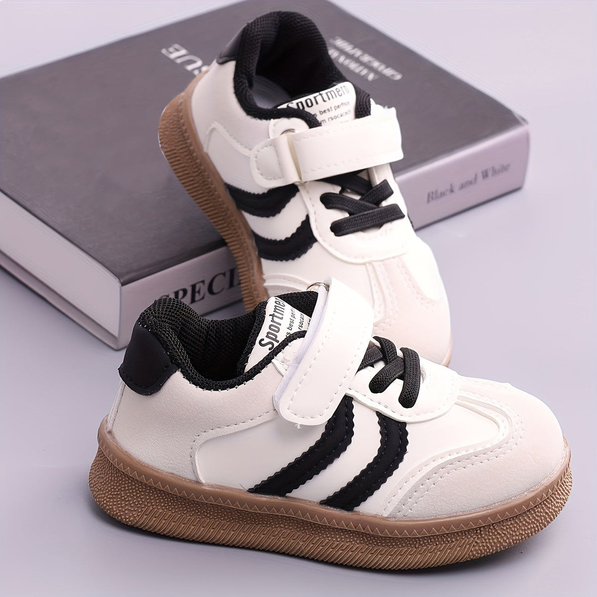Toddler Striped Sneakers with Hook-and-Loop Top Straps and Tan Soles for Everyday Casual Outfits