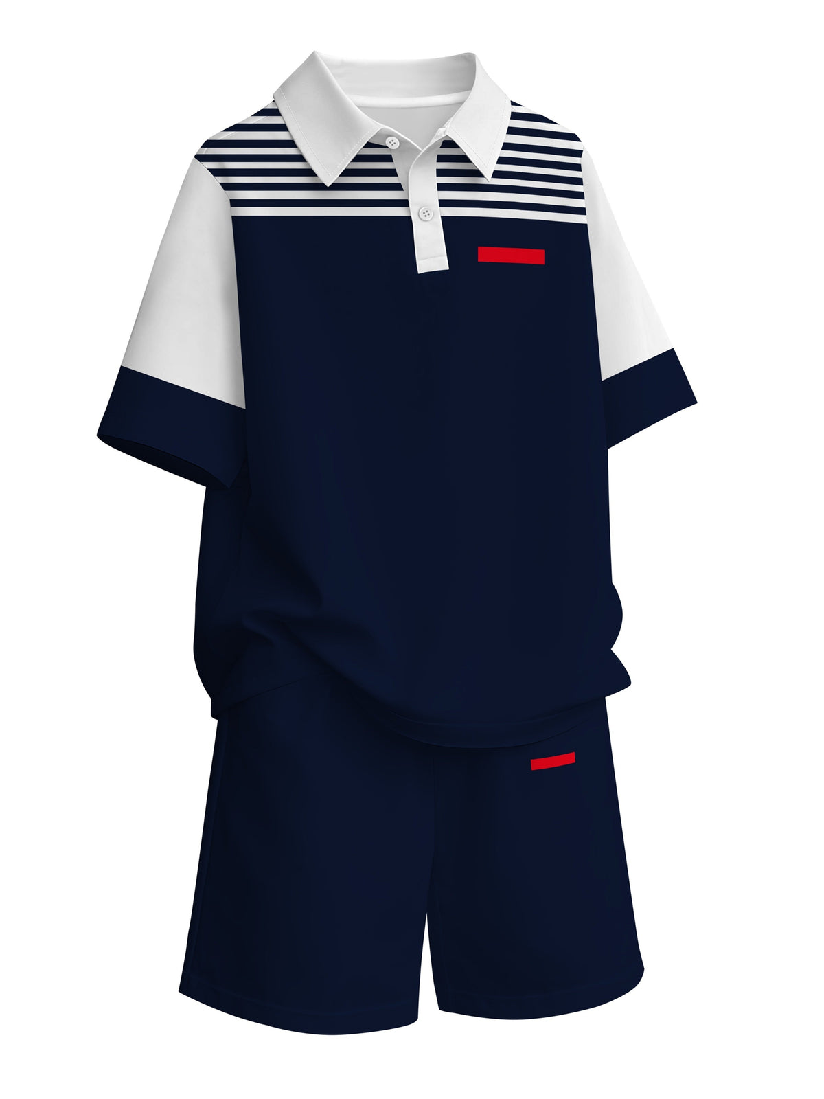 Boys' Striped Polo Outfit Set with a Navy and White Short Sleeve Shirt and Matching Shorts for Summer