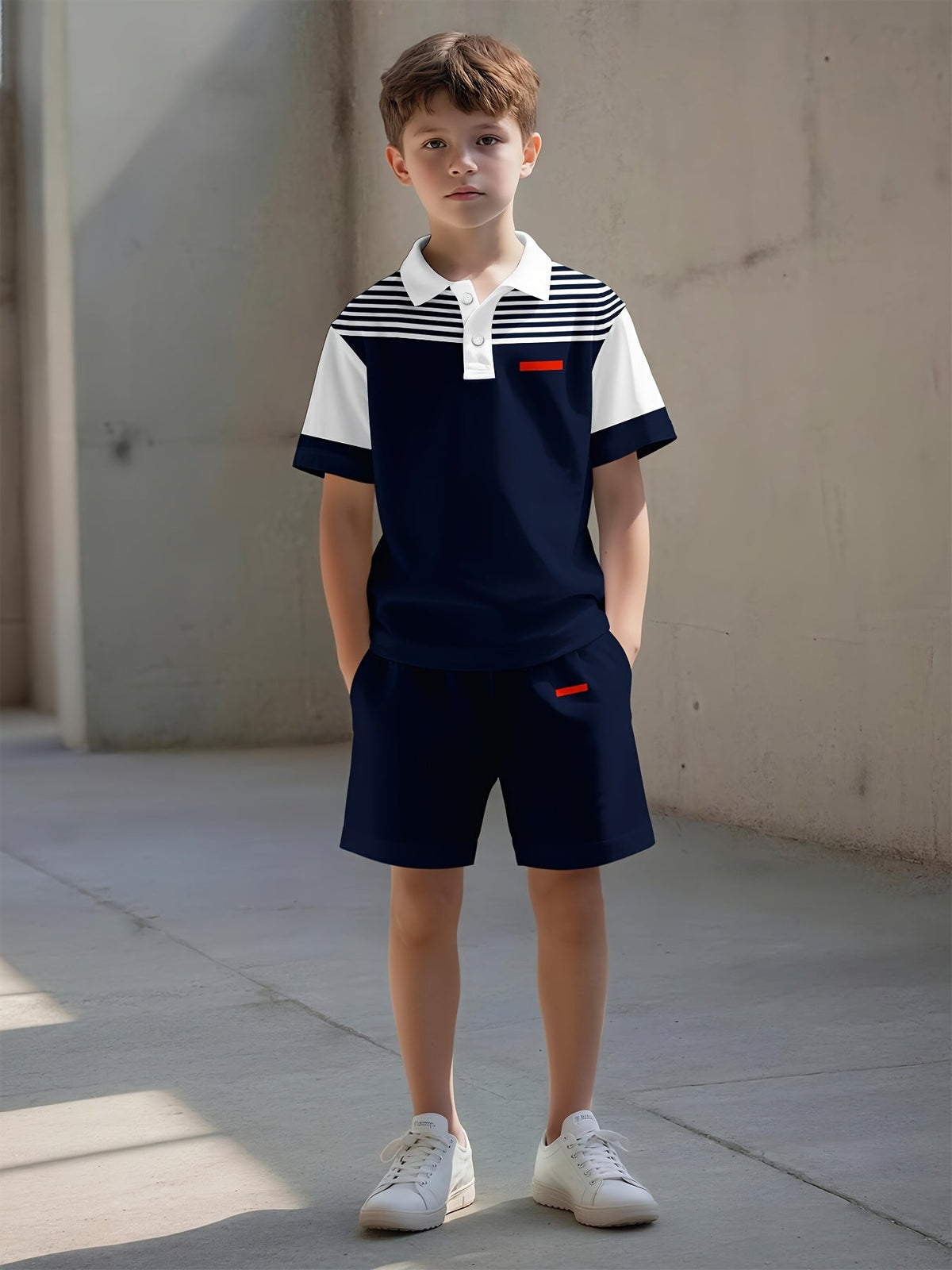 Boys' Striped Polo Outfit Set with a Navy and White Short Sleeve Shirt and Matching Shorts for Summer