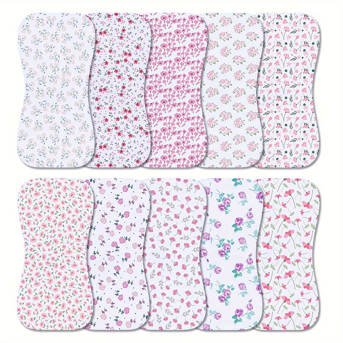 Baby Burp Cloths 10-Pack in Mixed Floral and Animal Prints with Curved Edges for Everyday Shoulder Coverage