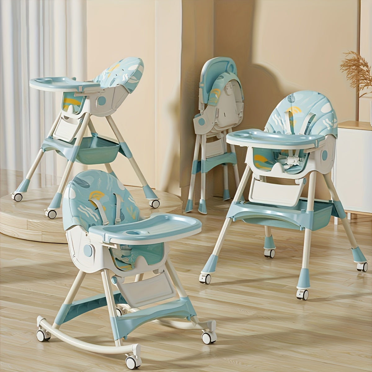 Convertible Baby High Chair for Dining and Rocking with a Folding Frame and Adjustable Reclining Backrest