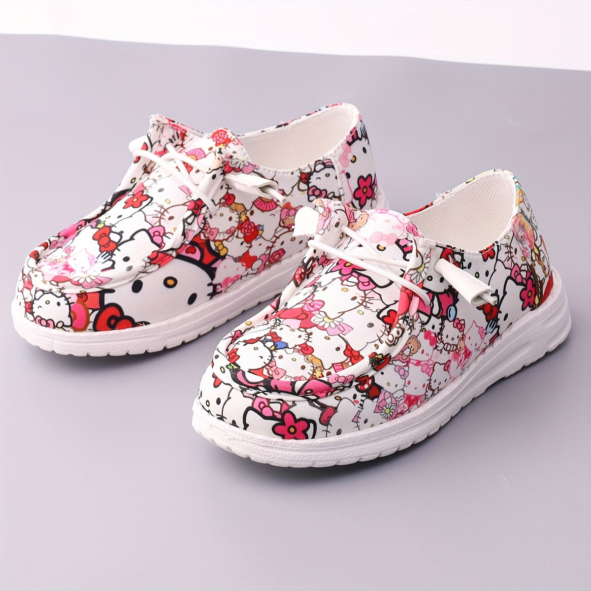 Girls' Casual Loafers in Cartoon Cat Prints with Elastic Laces and Side Openings for Colorful Outfits