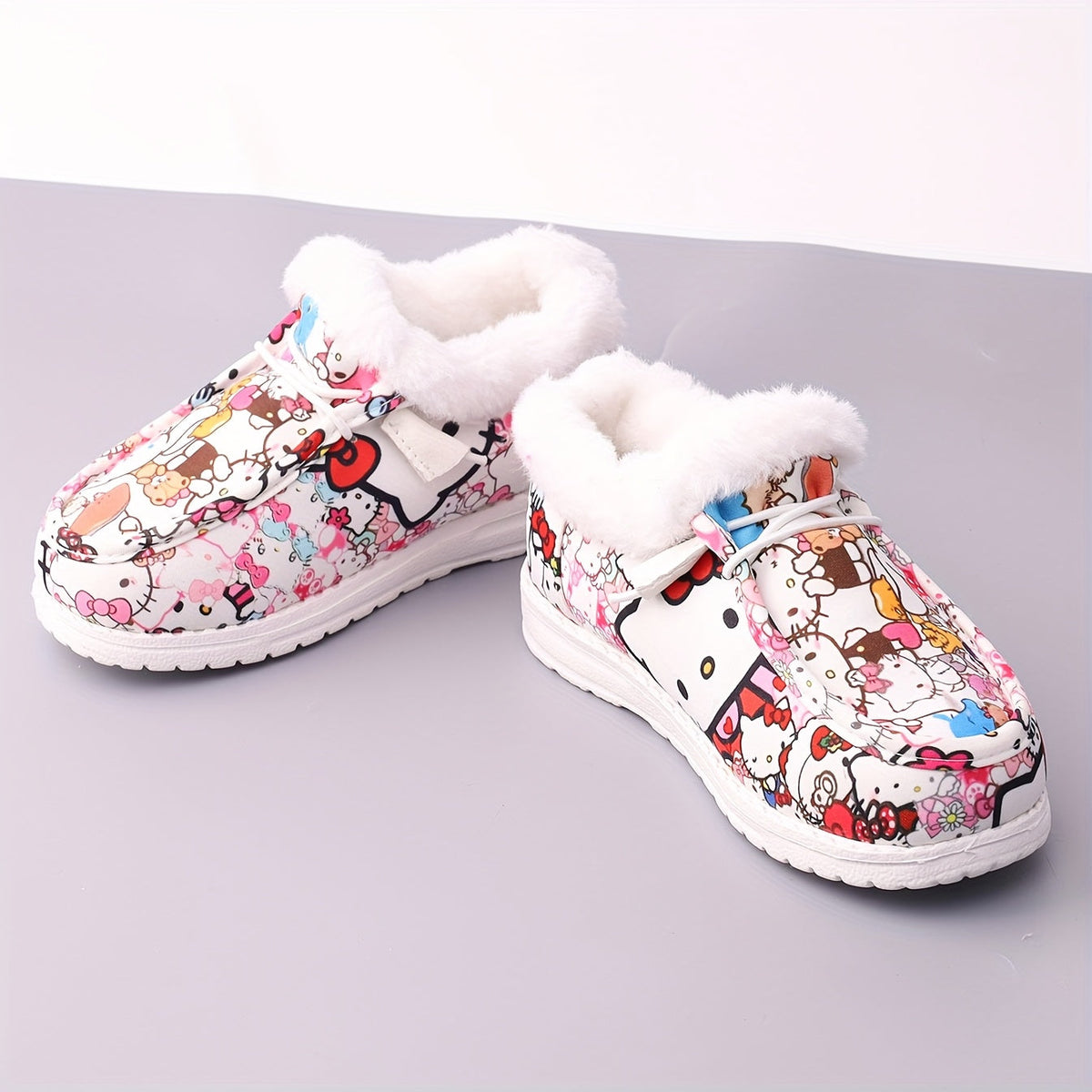 Girls' Plush Lined Casual Shoes with Colorful Cartoon Prints and White Fuzzy Collars for Everyday Outfits