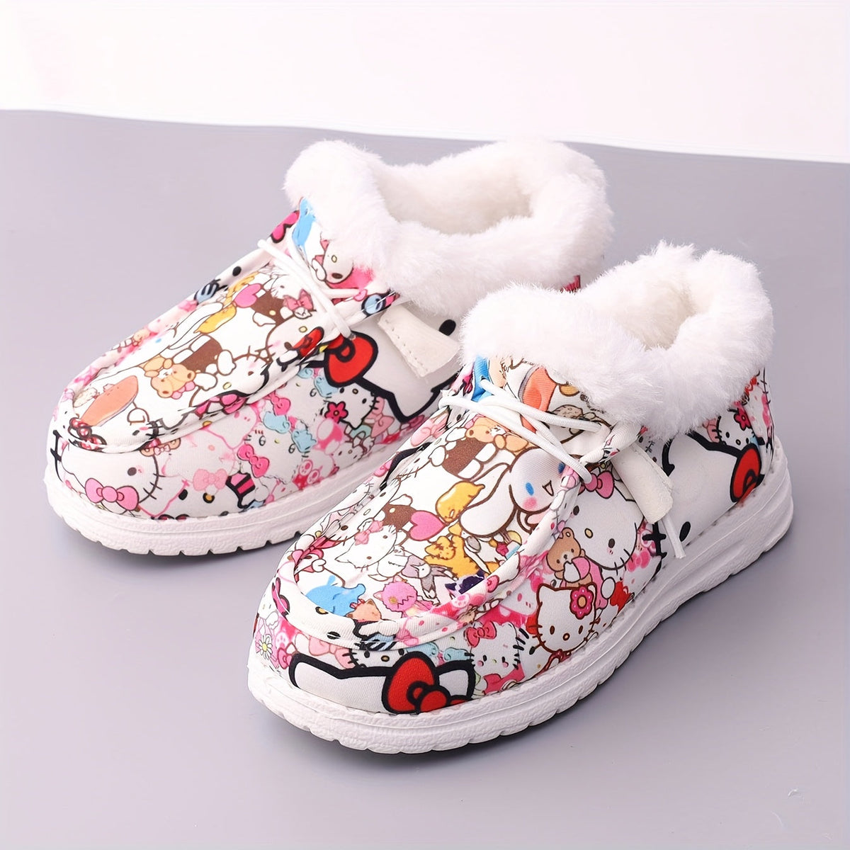 Girls' Plush Lined Casual Shoes with Colorful Cartoon Prints and White Fuzzy Collars for Everyday Outfits