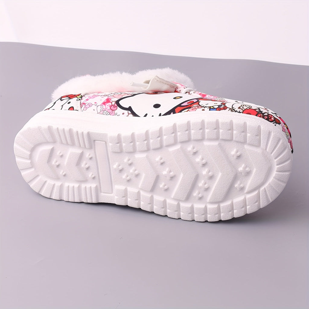 Girls' Plush Lined Casual Shoes with Colorful Cartoon Prints and White Fuzzy Collars for Everyday Outfits