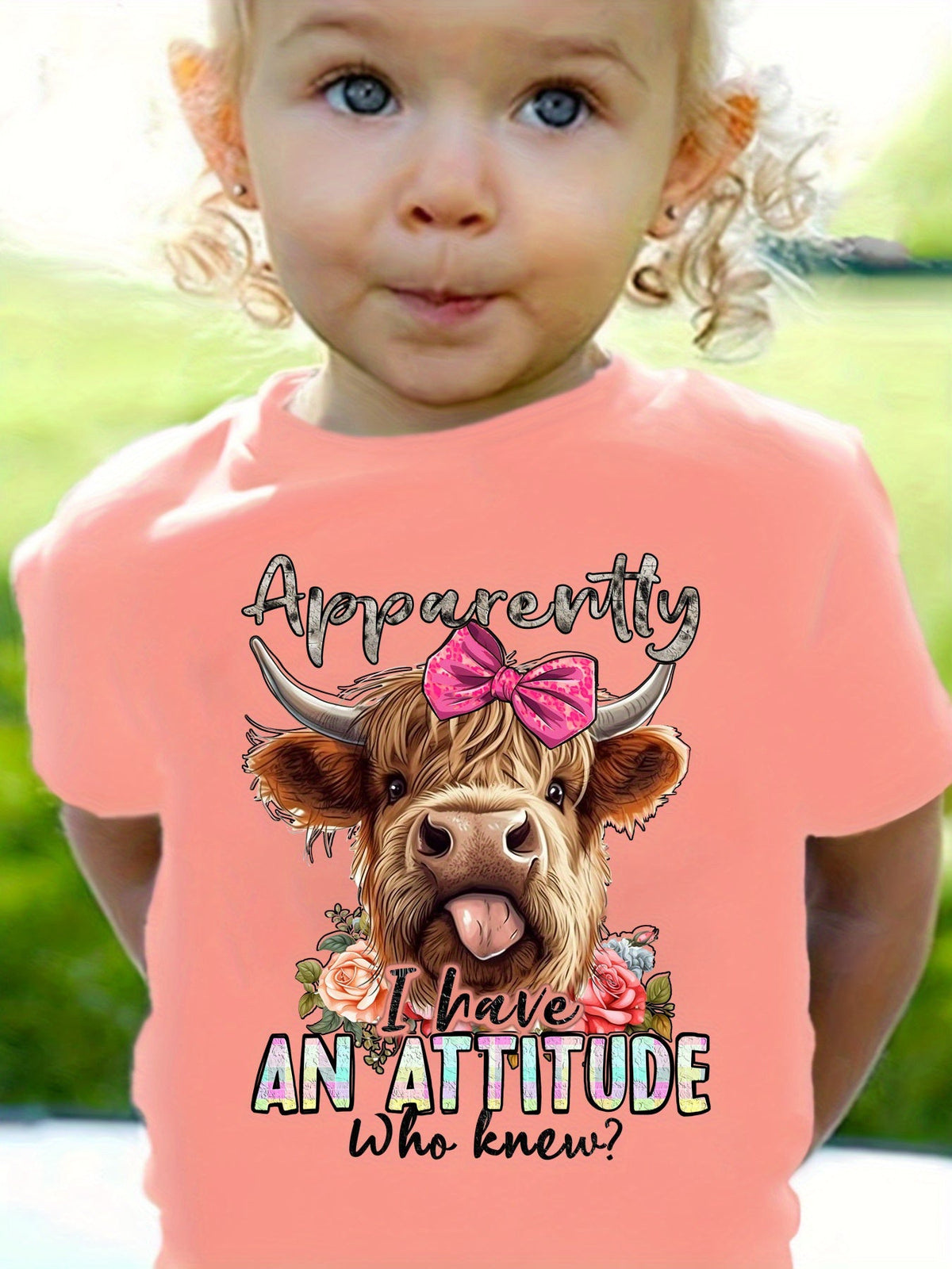 Girls' Highland Cow Cotton T-Shirt in Pink with a Funny Attitude Quote for Casual Everyday Outfits