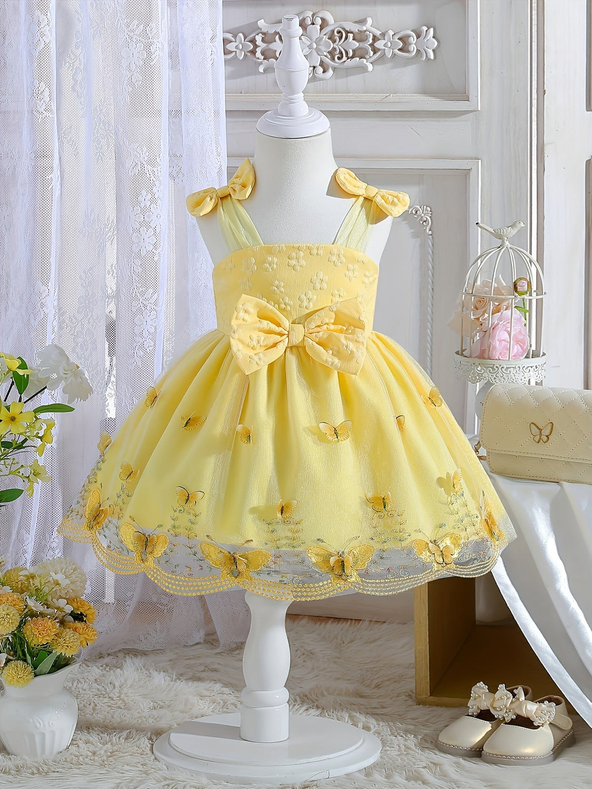 Girls' Sleeveless Party Dress with Shoulder Bows and Floral Mesh Skirt for Weddings and Celebrations