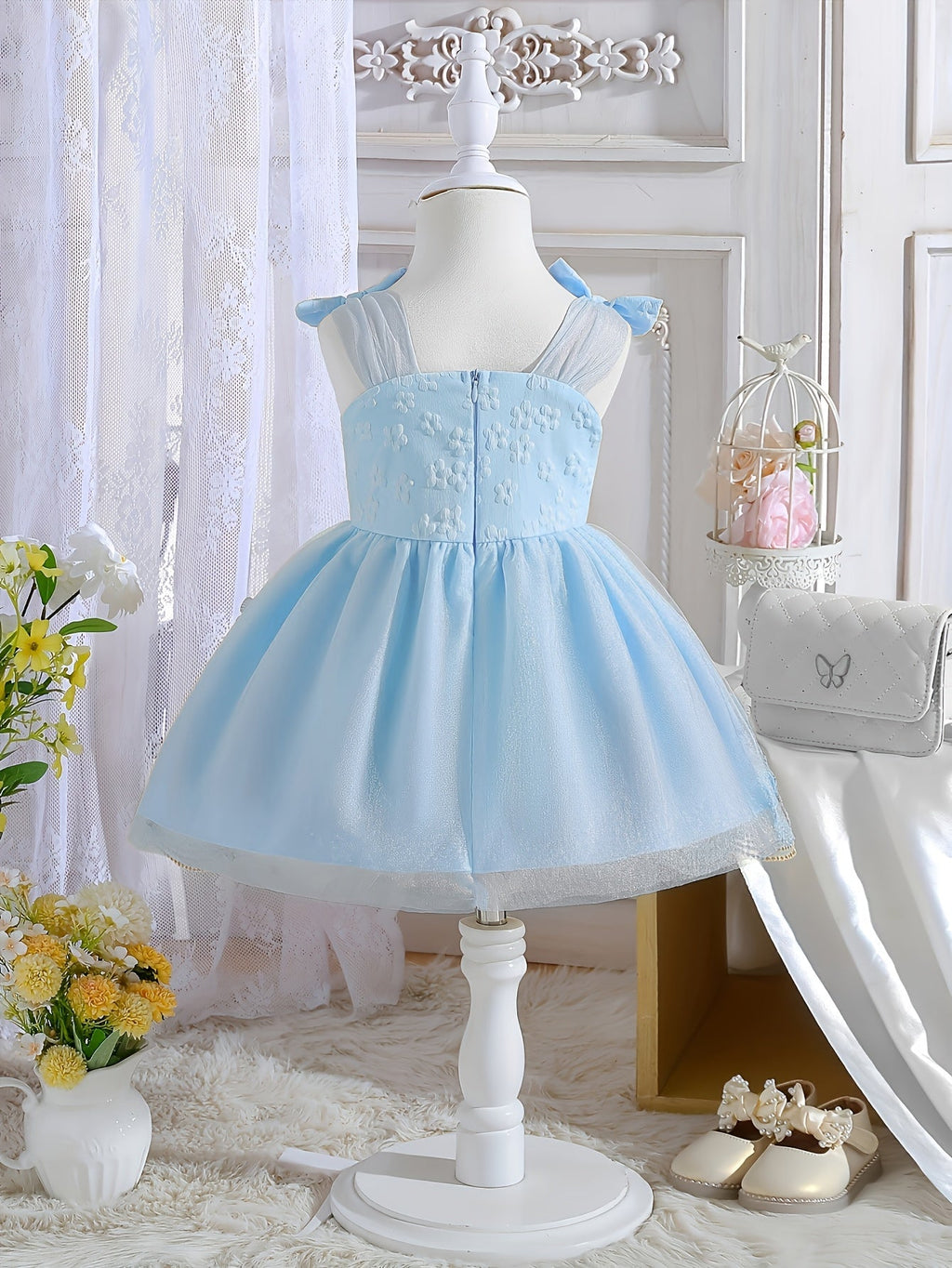Girls' Sleeveless Party Dress with Shoulder Bows and Floral Mesh Skirt for Weddings and Celebrations