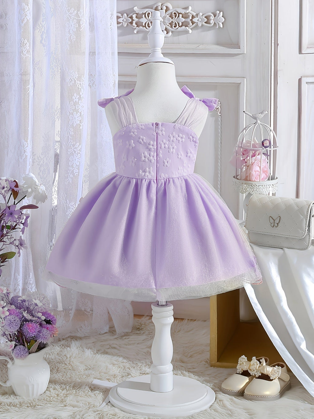 Girls' Sleeveless Party Dress with Shoulder Bows and Floral Mesh Skirt for Weddings and Celebrations
