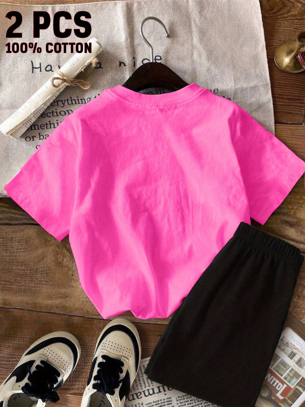 Girls' Pink Checkerboard Bow T-Shirt and Black Shorts Set, Two Cotton Pieces for Summer Casual Wear