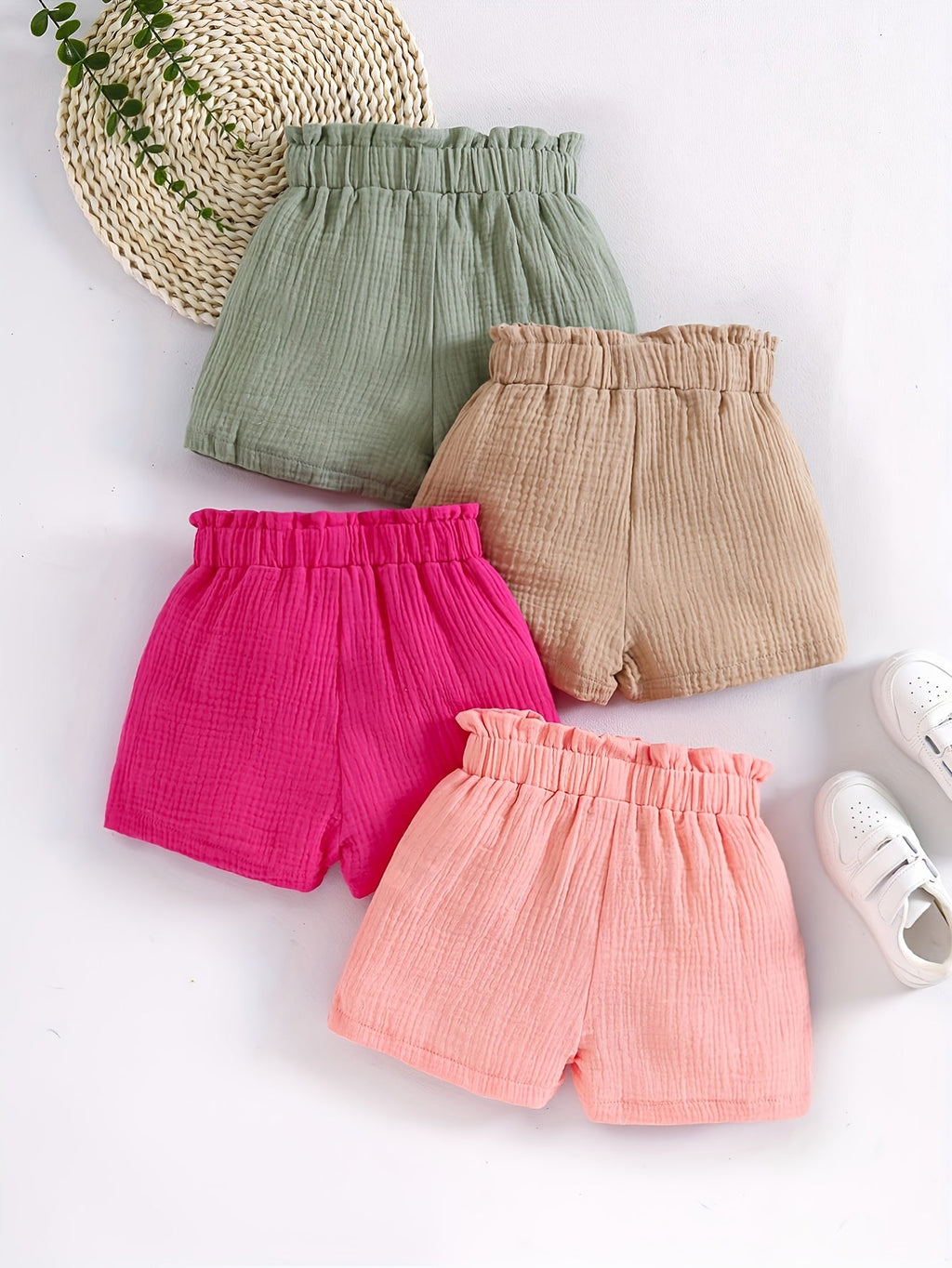 Girls Textured Shorts Four-Pack with Bow Details and Elastic Waists for Colorful Summer Casual Outfits