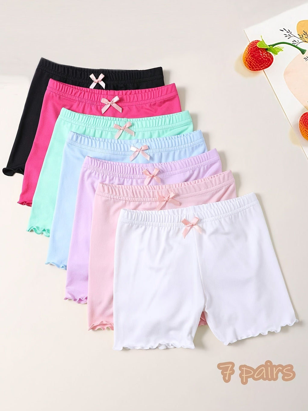 Girls' Seven-Pack Boxer Briefs with Bow Details and Lettuce Hems in Solid Colors for Everyday Layering