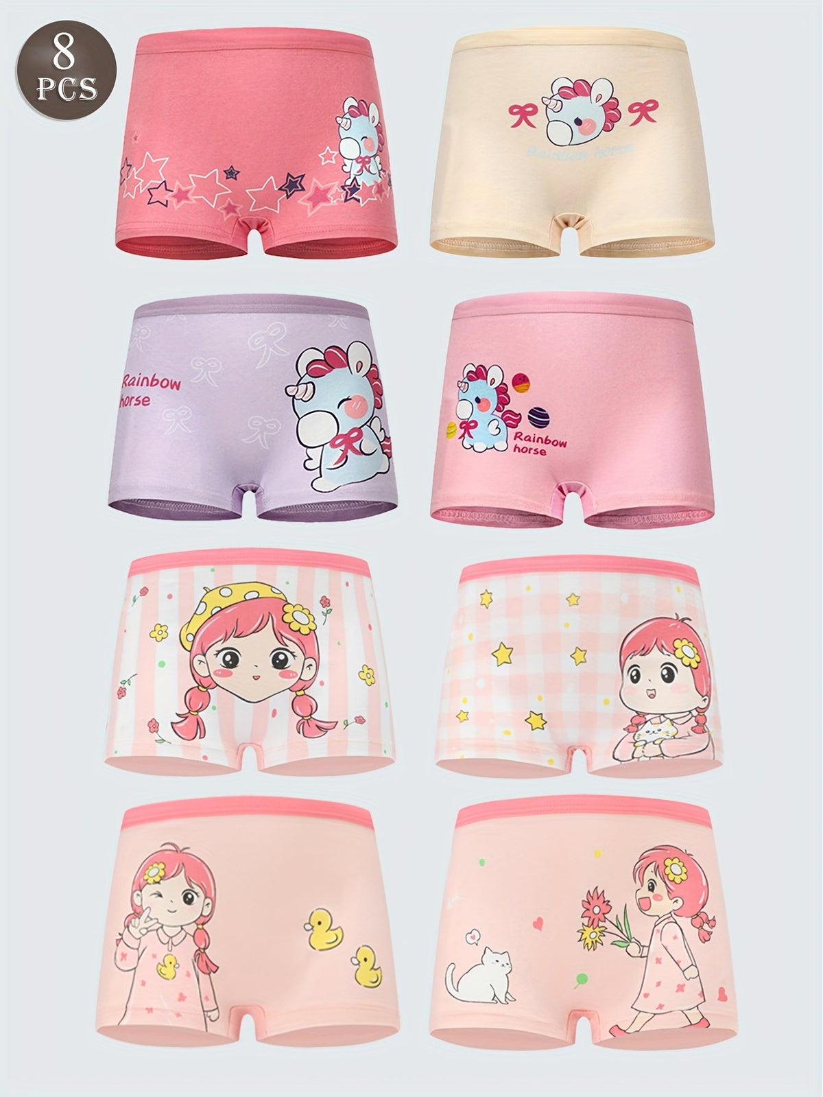 Girls' Cotton Boxer Briefs Eight Pack in Pink and Pastel Shades with Cartoon Girl and Animal Prints