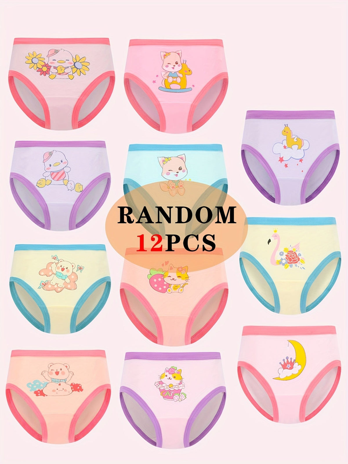 Girls' Animal Cartoon Briefs 12-Pack in Random Pastel Colors with Contrast Edges for Daily Underwear Changes