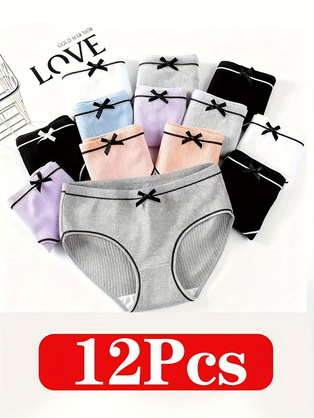 Girls' Ribbed Briefs 12-Pack with Contrast Trim and Small Waist Bows in an Assorted Color Underwear Pack