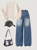 Girls' Jeans Set with an Apricot Sweatshirt and Washed Blue Wide Leg Denim Pants Featuring Heart Hem Details