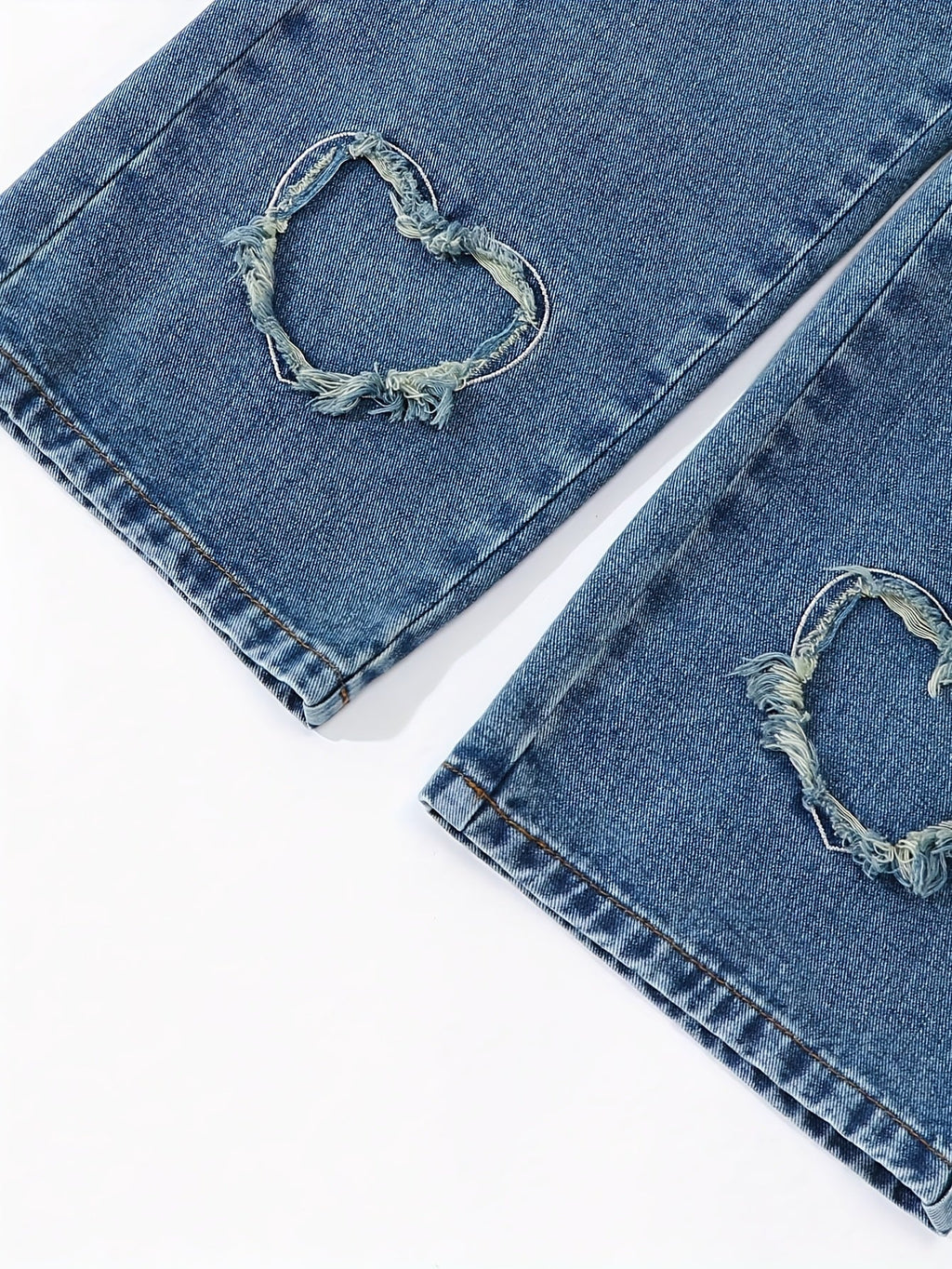 Girls' Jeans Set with an Apricot Sweatshirt and Washed Blue Wide Leg Denim Pants Featuring Heart Hem Details