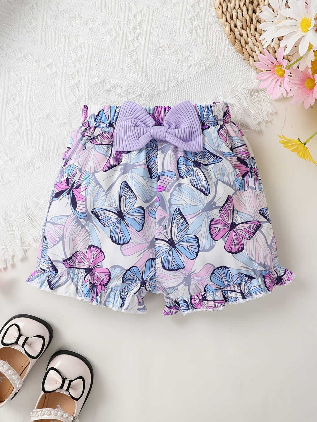 Girls' Purple Ruffle Sleeve Top and Butterfly Print Shorts Set with Matching Bow Details for Summer