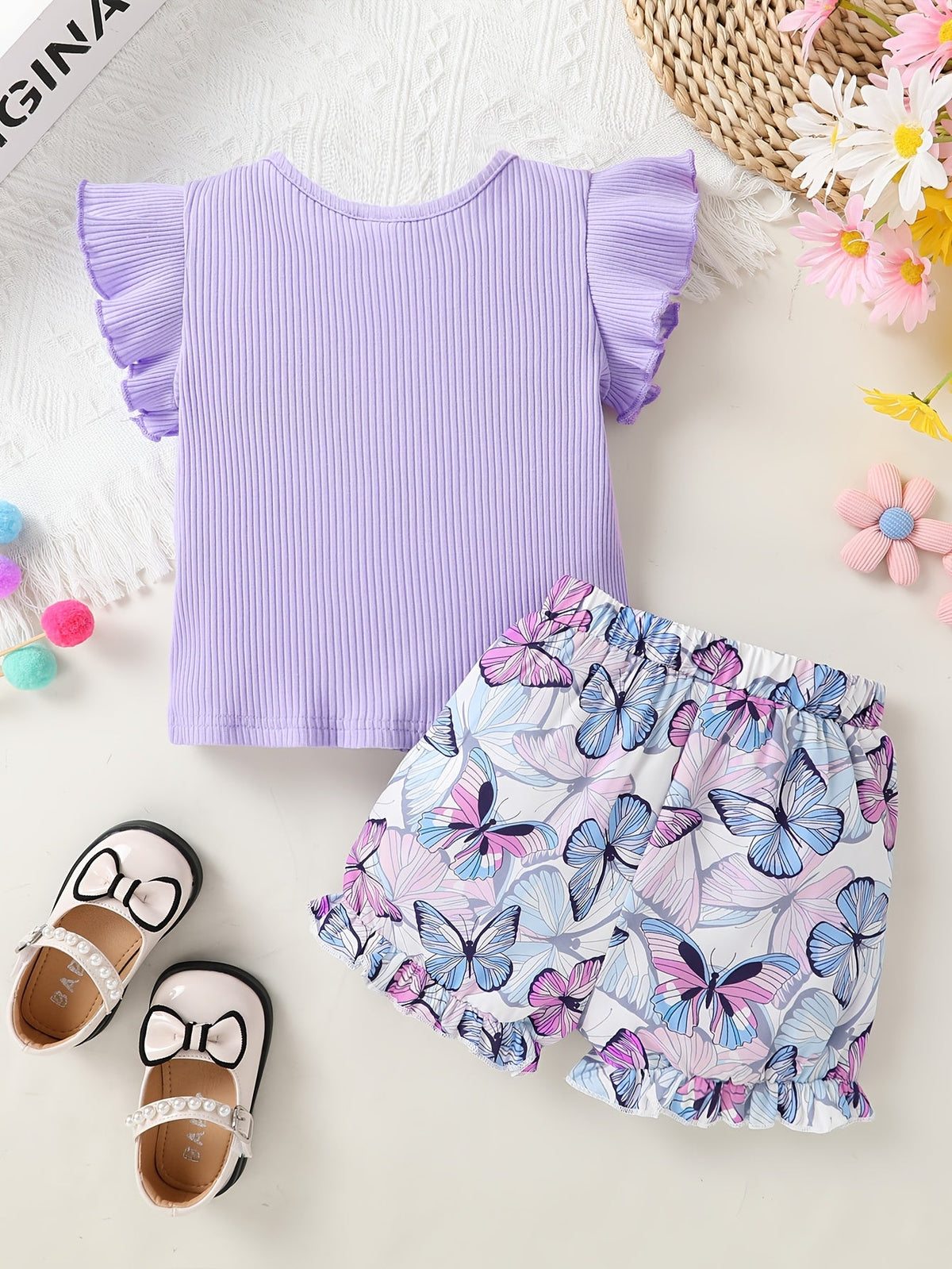 Girls' Purple Ruffle Sleeve Top and Butterfly Print Shorts Set with Matching Bow Details for Summer