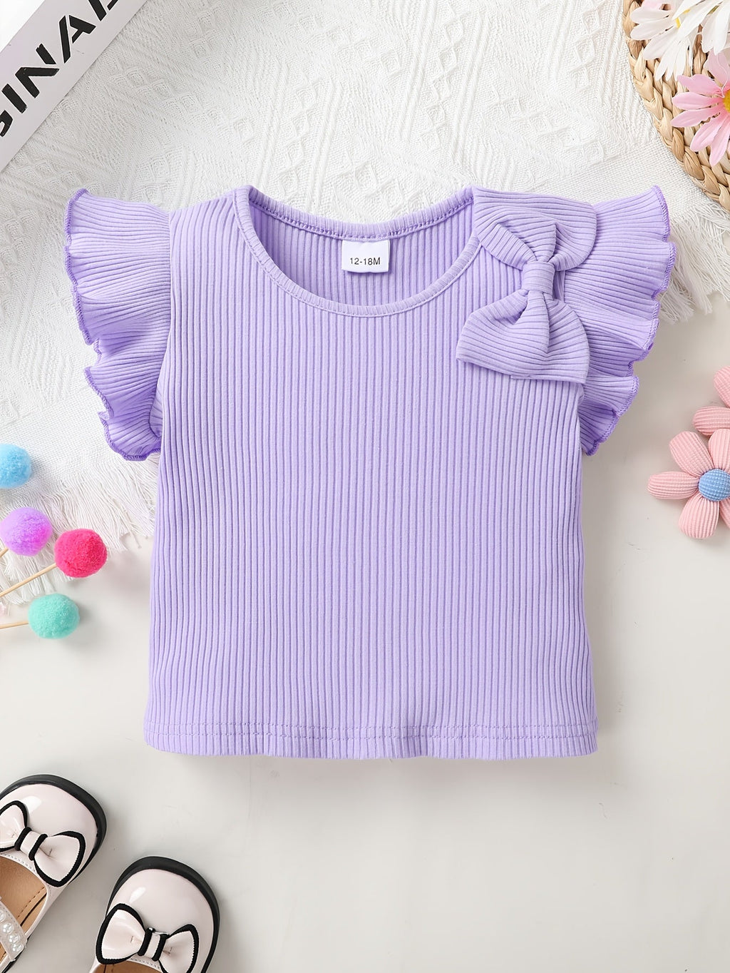 Girls' Purple Ruffle Sleeve Top and Butterfly Print Shorts Set with Matching Bow Details for Summer