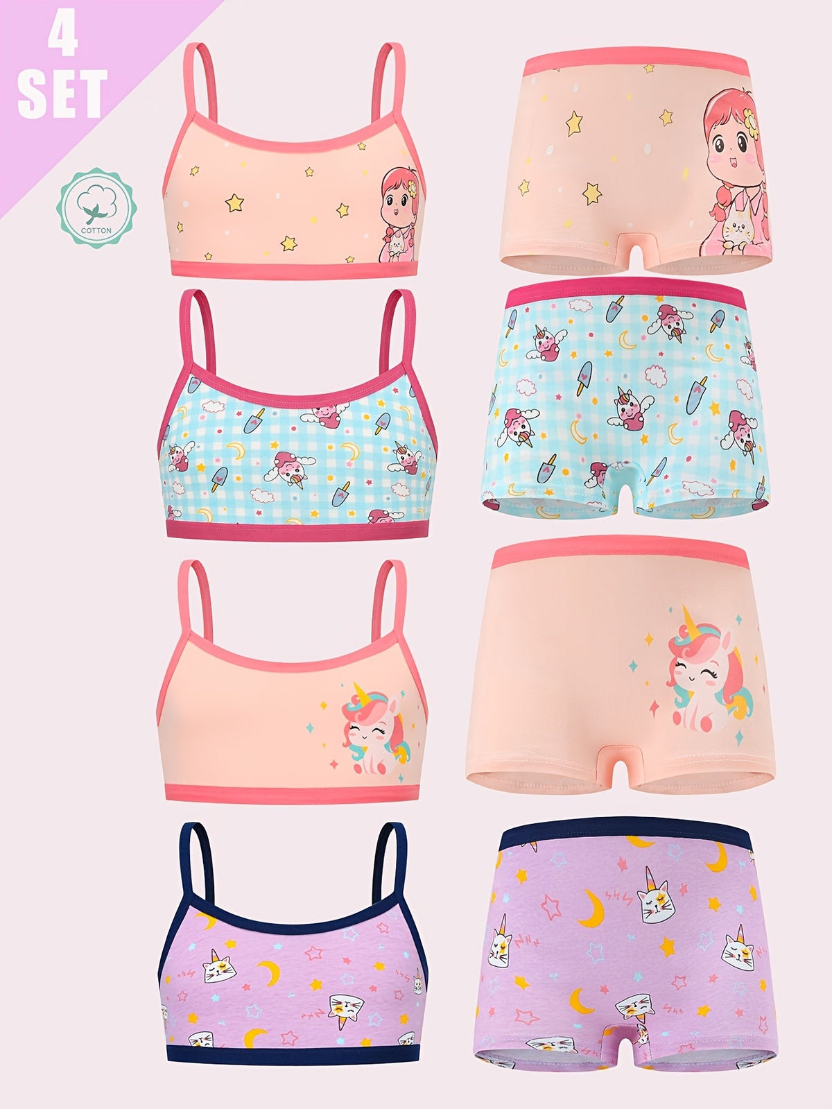 Girls' Camisole and Boxer Underwear Set with Cartoon Prints in Four Coordinating Sets and Eight Pieces
