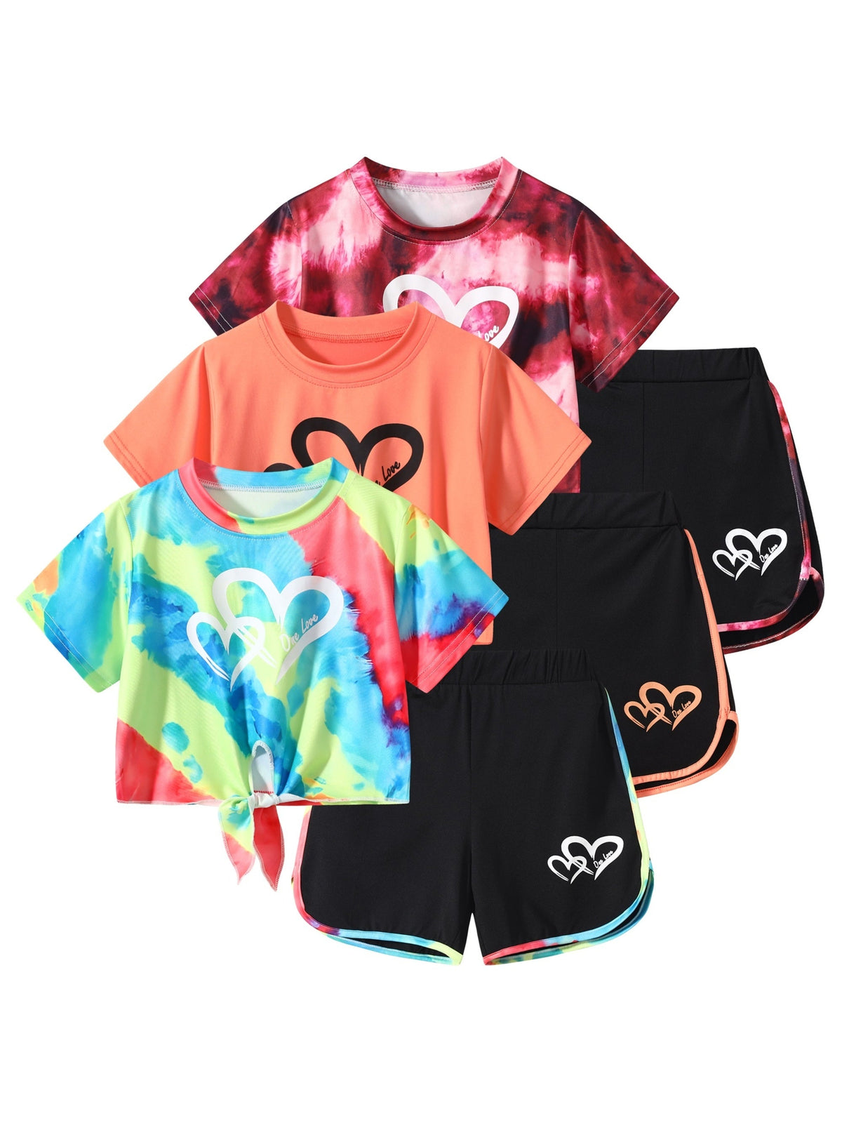 Girls' Heart Print T-Shirt and Shorts Sets 6-Piece Pack with Tie Front Tops for Summer Outfits
