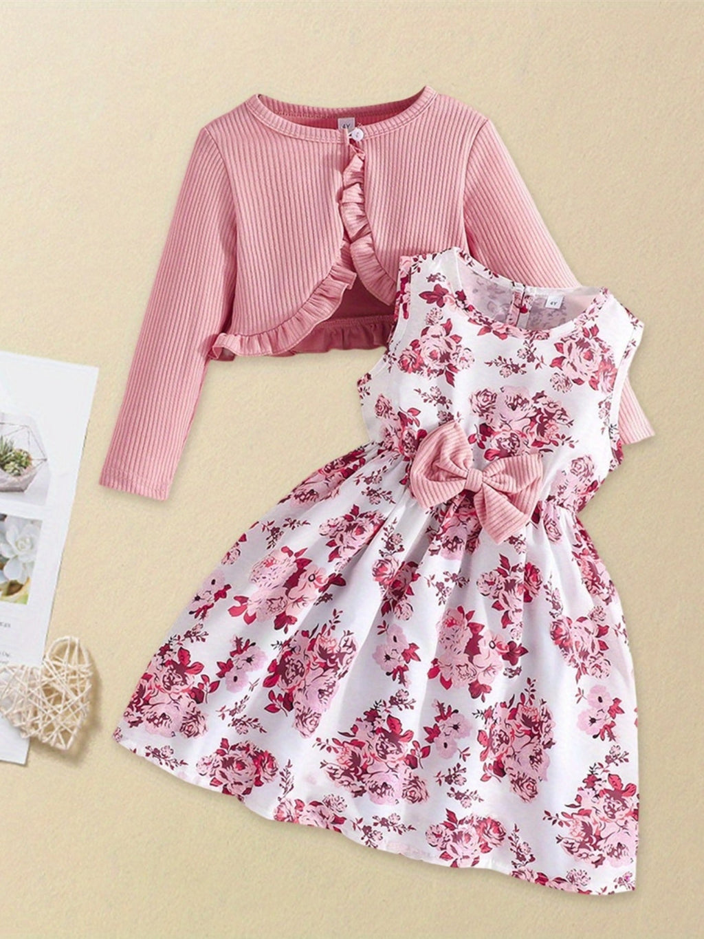 Girls' Rose Red Floral Dress and Cardigan Set with a Bow Waist and Ruffle Trim for Coordinated Outfits