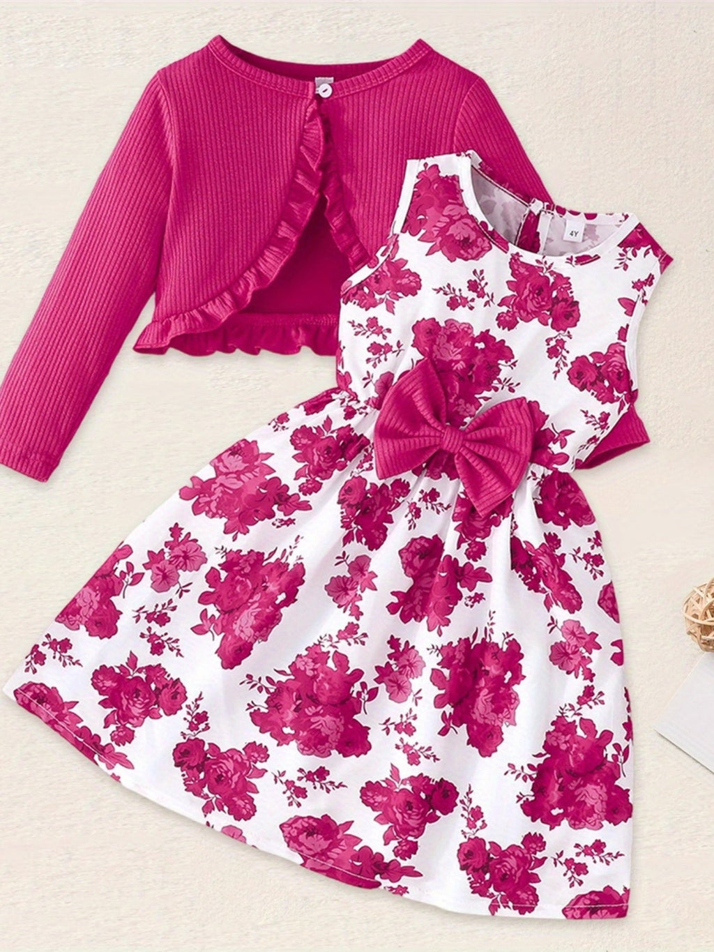 Girls' Rose Red Floral Dress and Cardigan Set with a Bow Waist and Ruffle Trim for Coordinated Outfits
