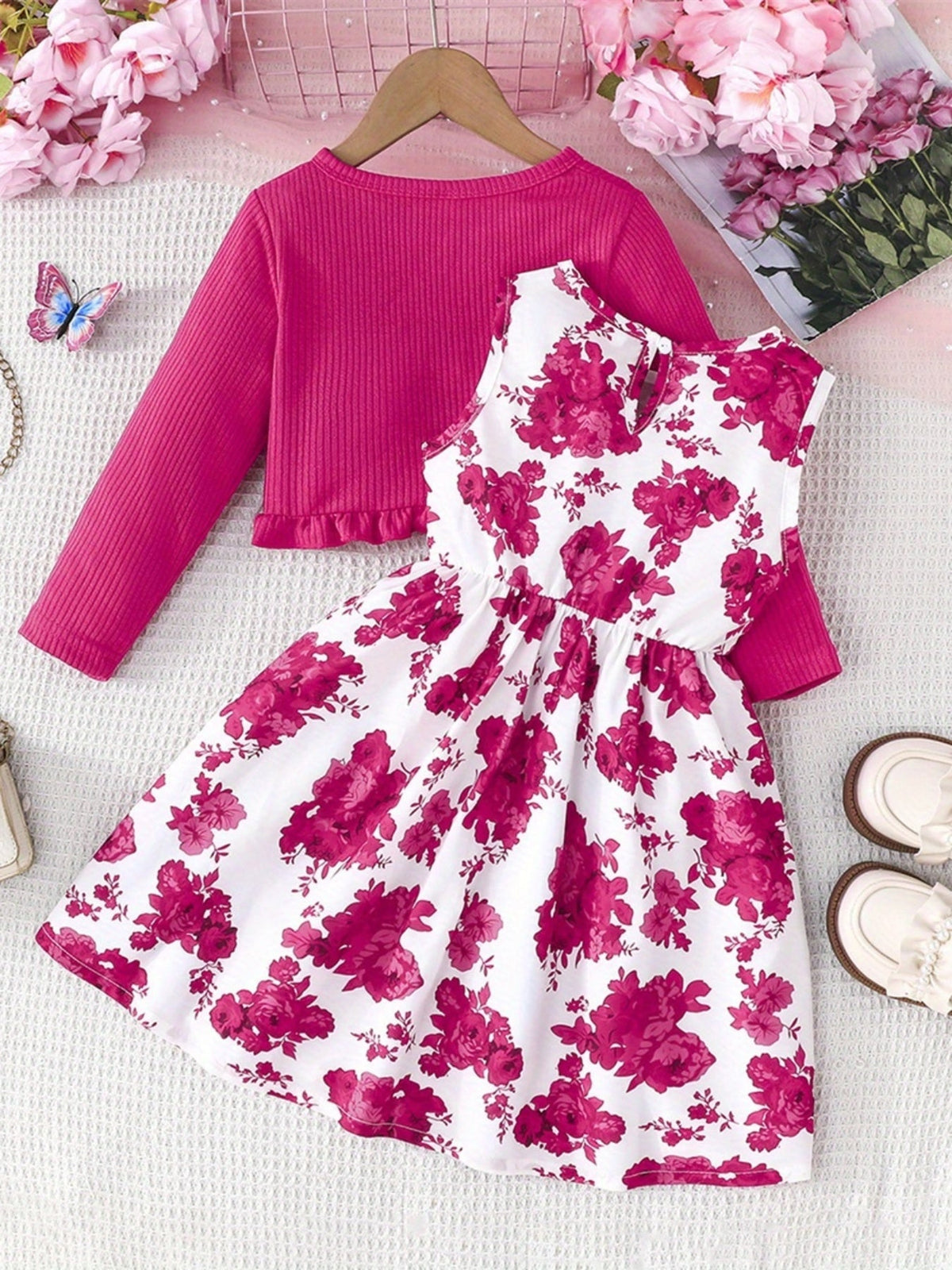 Girls' Rose Red Floral Dress and Cardigan Set with a Bow Waist and Ruffle Trim for Coordinated Outfits