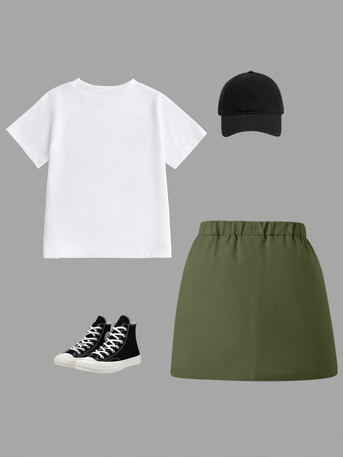 Girls' Two-Piece Cargo Skirt Set with White Cartoon Graphic T-Shirt and Olive Green Pocket Skirt