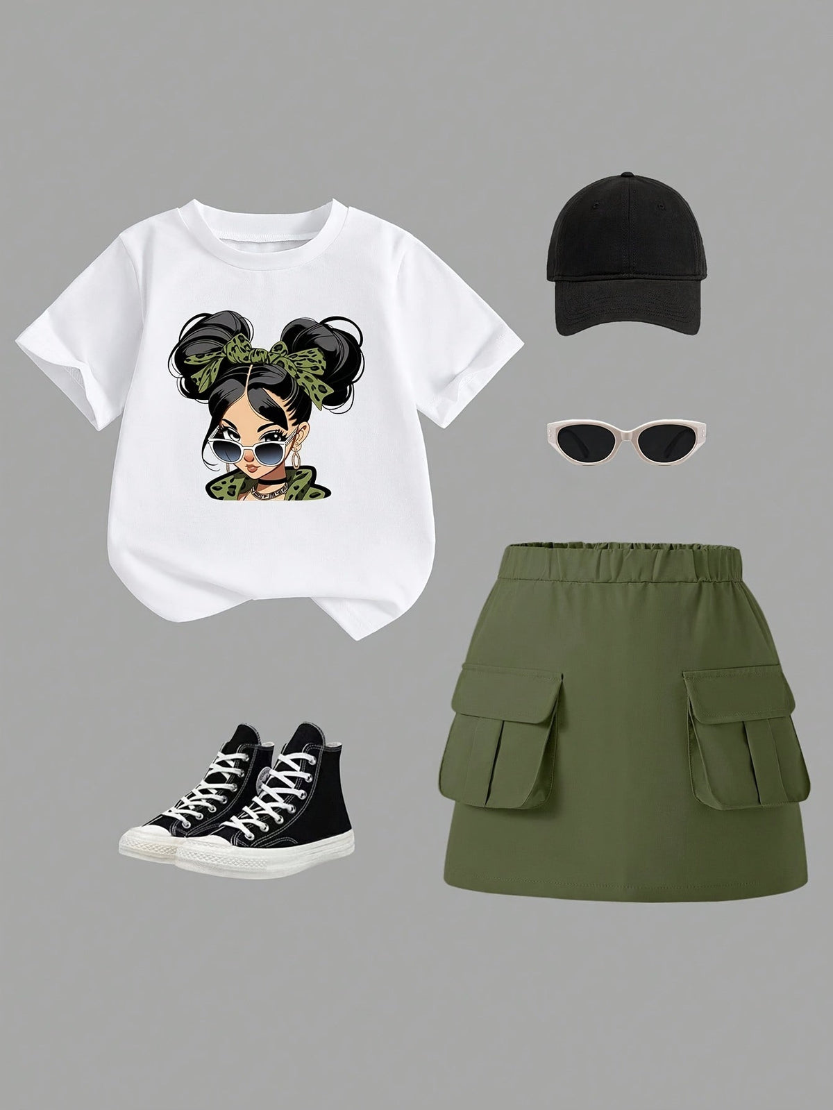 Girls' Two-Piece Cargo Skirt Set with White Cartoon Graphic T-Shirt and Olive Green Pocket Skirt