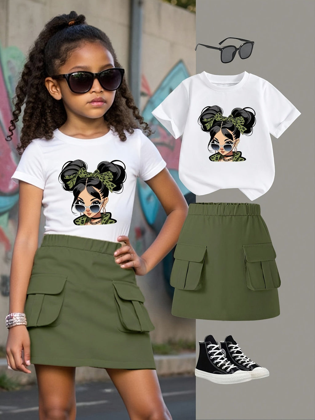 Girls' Two-Piece Cargo Skirt Set with White Cartoon Graphic T-Shirt and Olive Green Pocket Skirt