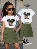 Girls' Two-Piece Cargo Skirt Set with White Cartoon Graphic T-Shirt and Olive Green Pocket Skirt