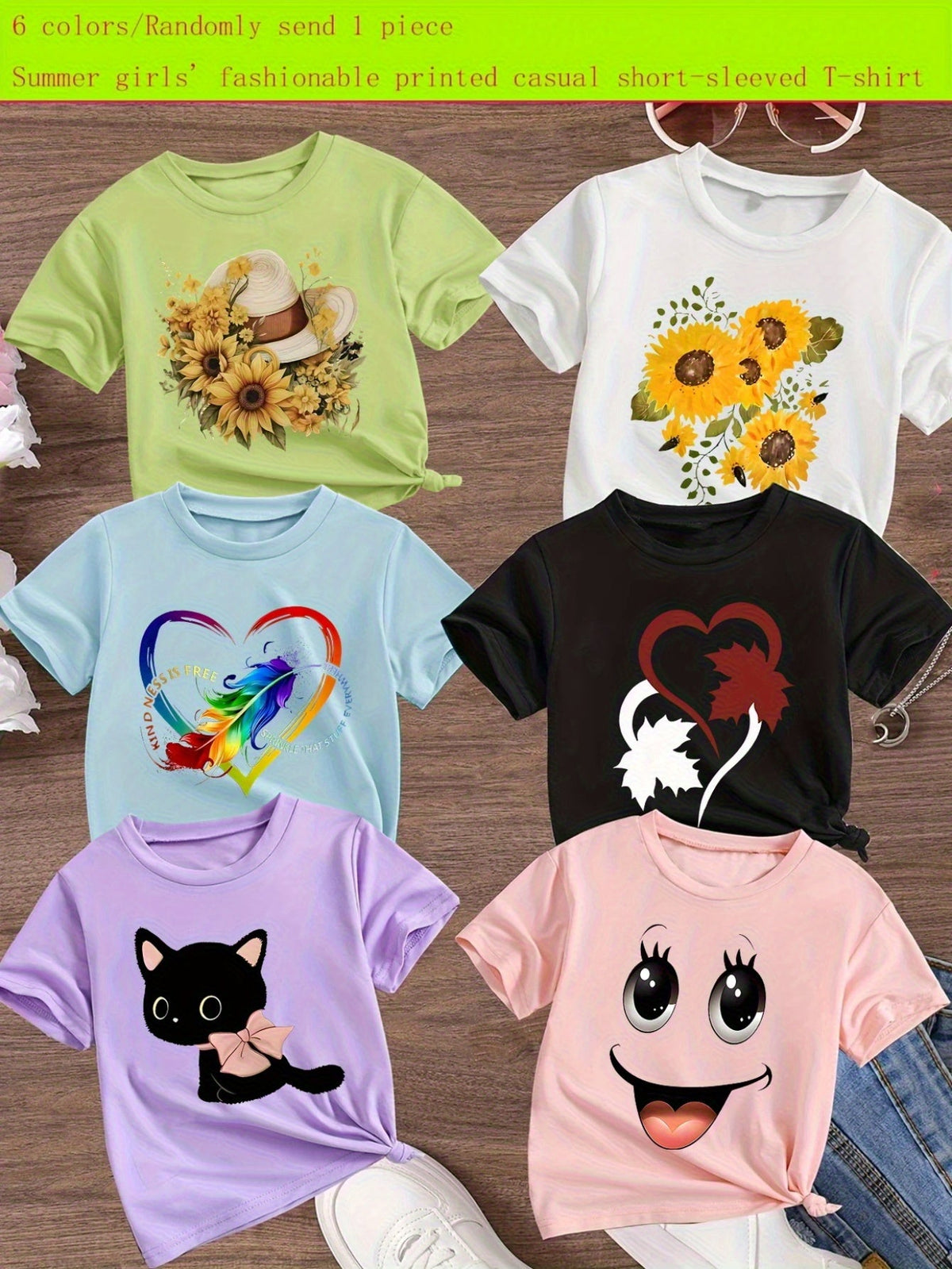 Girls' Random Graphic Cotton T-Shirt with Short Sleeves and a Crew Neck for Everyday Summer Outfits