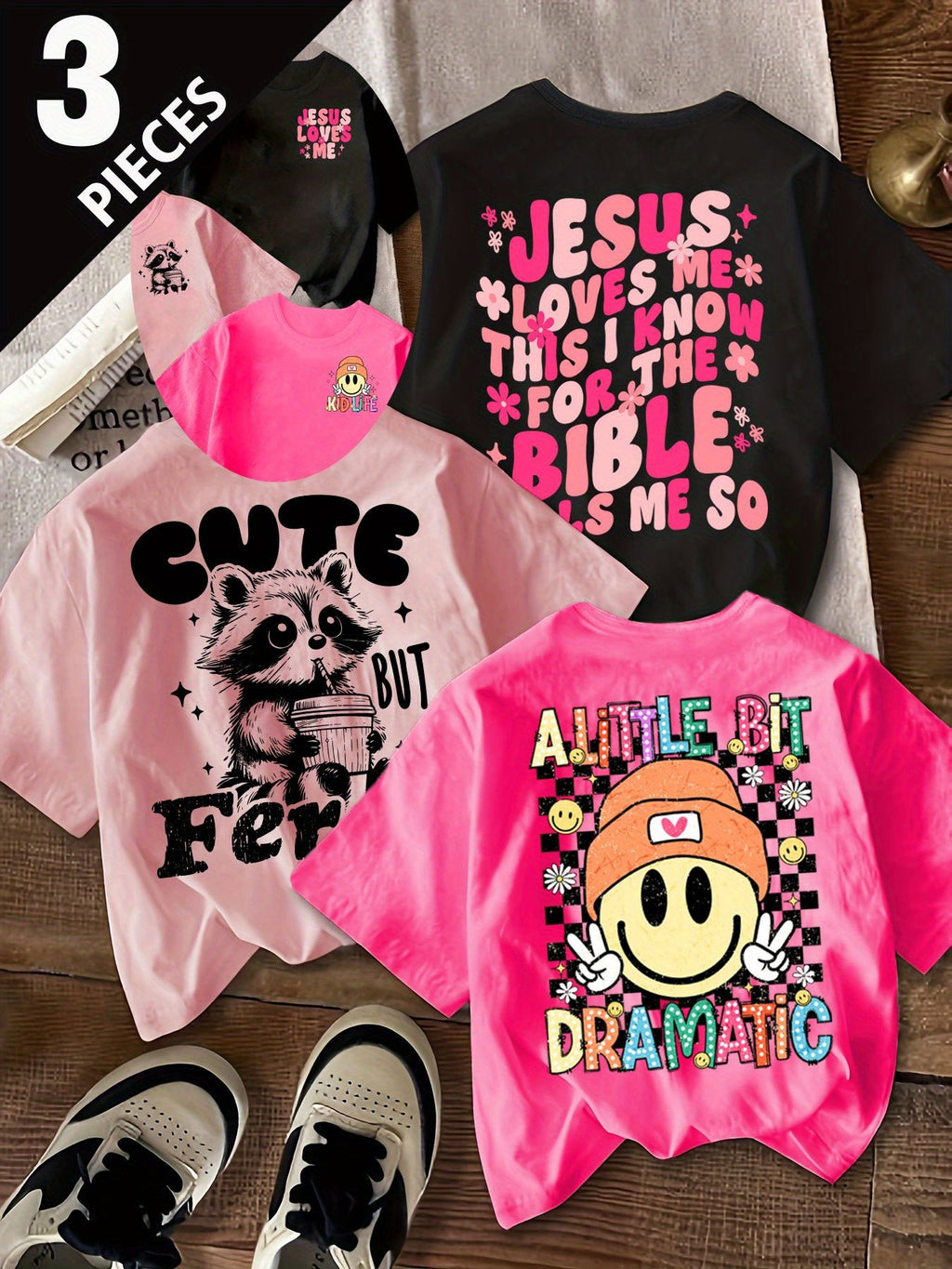 Girls' Graphic T-Shirts Three-Pack with Cartoon and Faith Slogans for Short-Sleeve Summer Outfits