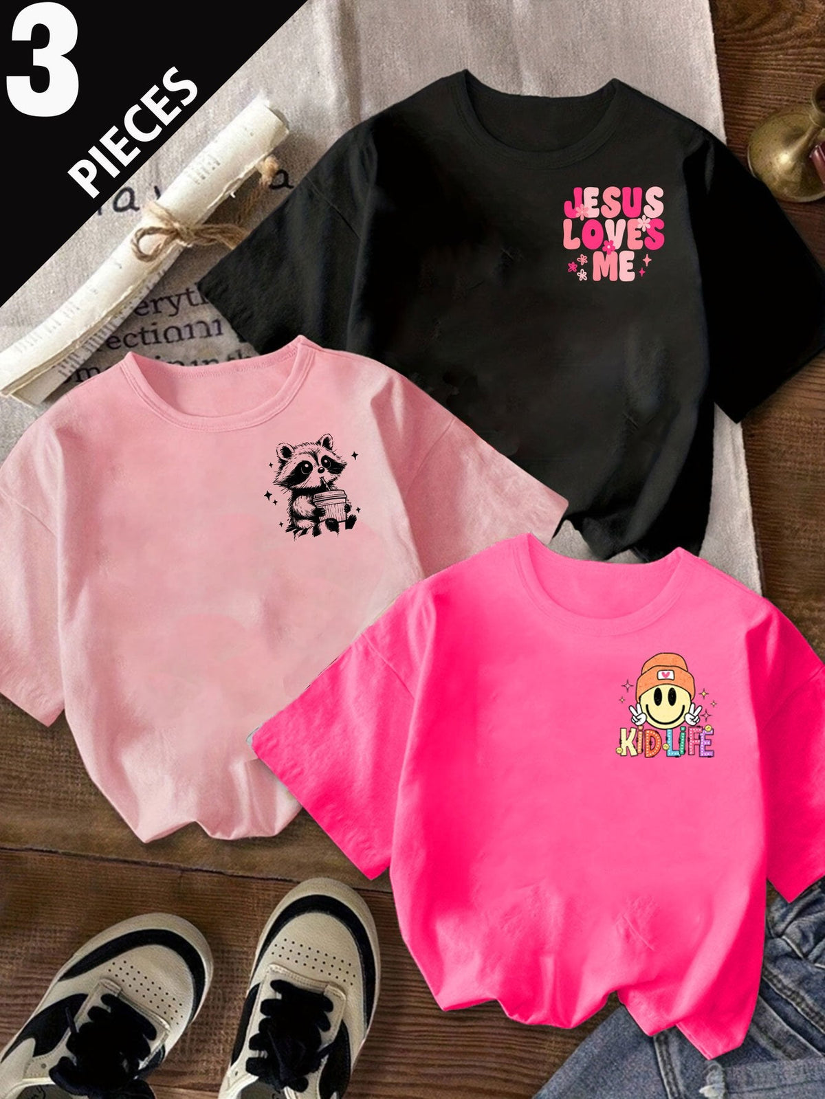 Girls' Graphic T-Shirts Three-Pack with Cartoon and Faith Slogans for Short-Sleeve Summer Outfits