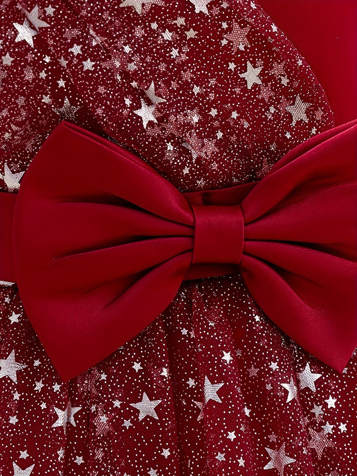 Girls' Star Tulle Party Dress with Large Bow Details and a Tiered Skirt for Birthdays and Celebrations