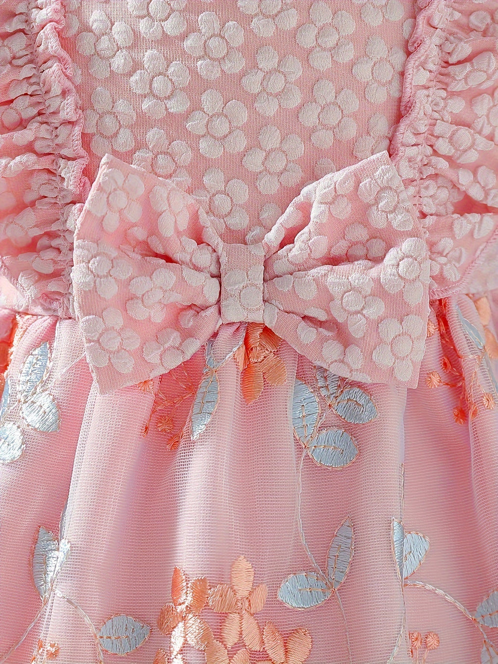 Baby Girl White Party Dress with Textured Bodice and Floral Mesh Skirt Plus a Matching Waist Bow