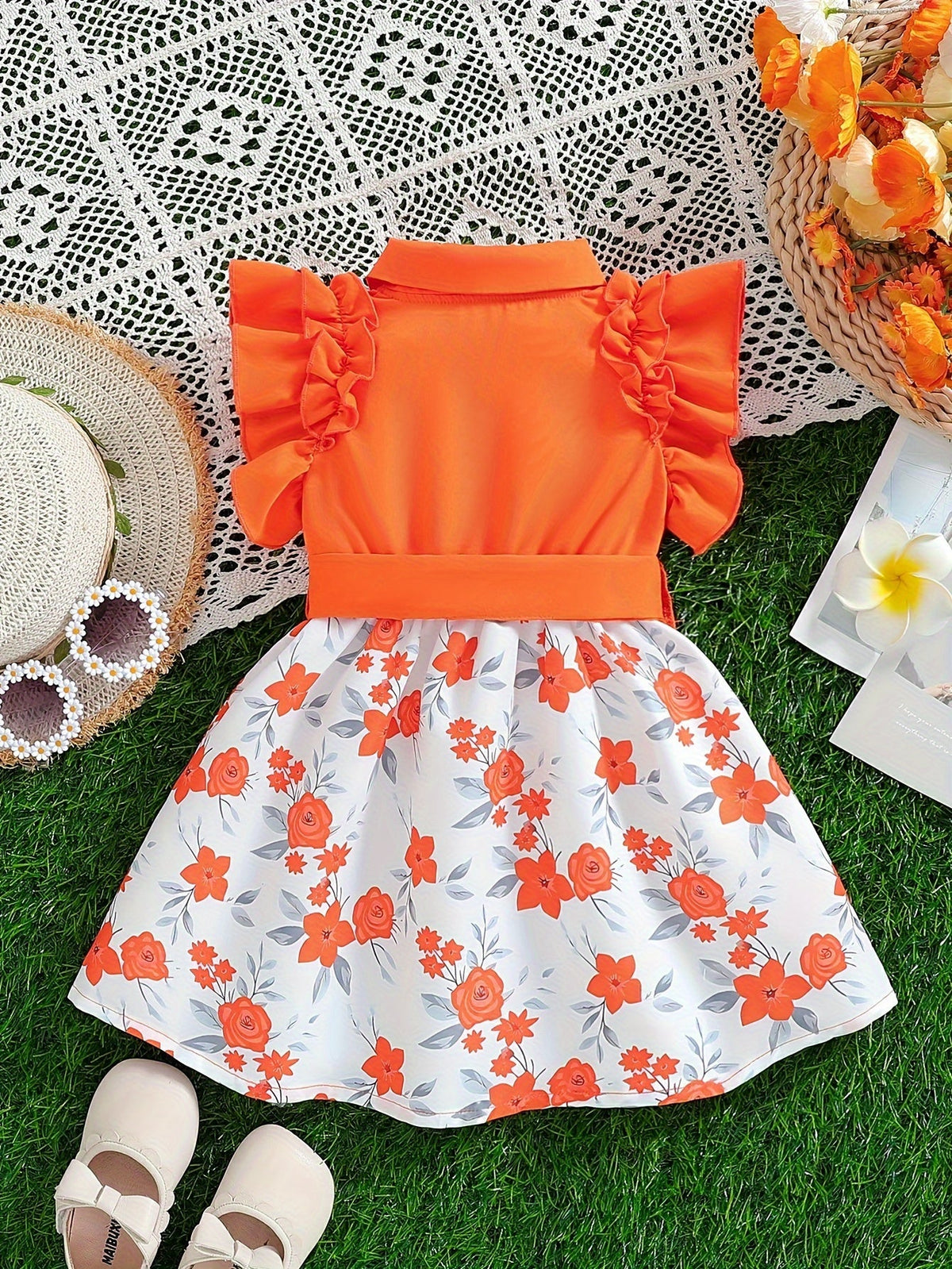 Baby Girl Floral Dress with Ruffled Sleeves and a Waist Bow in Blue or Red for Summer Celebrations