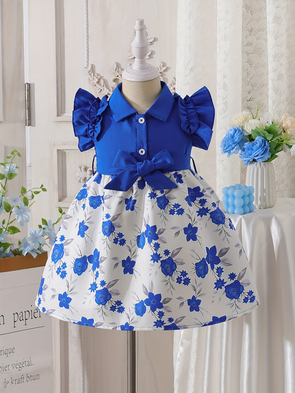 Baby Girl Floral Dress with Ruffled Sleeves and a Waist Bow in Blue or Red for Summer Celebrations