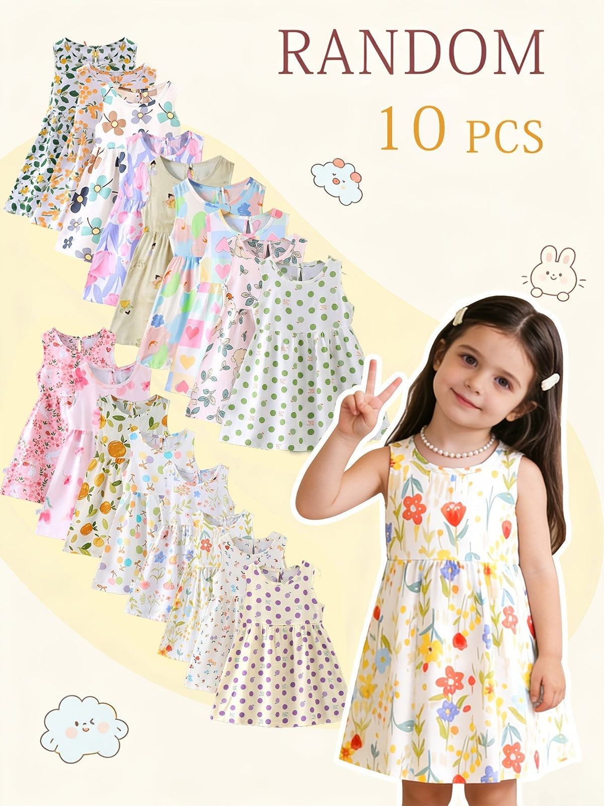 Girls' Sleeveless Summer Dresses 10-Pack in Random Prints with Gathered Skirts for Everyday Outfits
