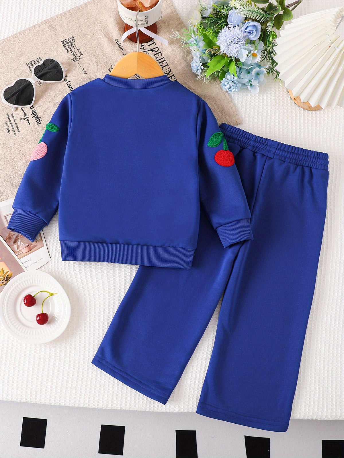 Girls' Blue Pants Set with Textured Cherry Appliques on a Crew Neck Sweatshirt and Wide Leg Trousers