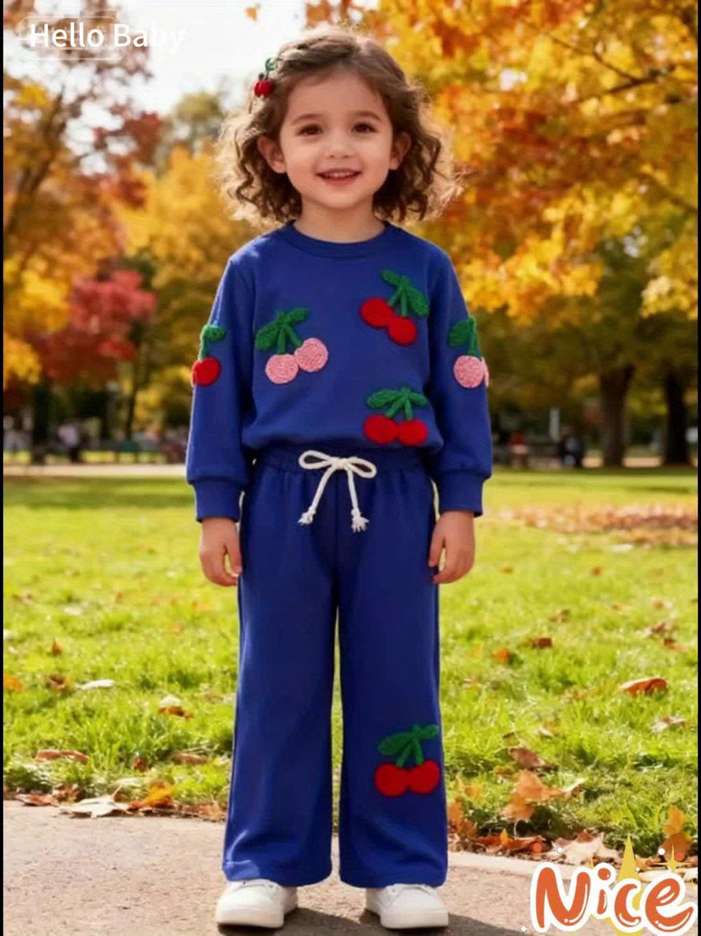 Girls' Blue Pants Set with Textured Cherry Appliques on a Crew Neck Sweatshirt and Wide Leg Trousers