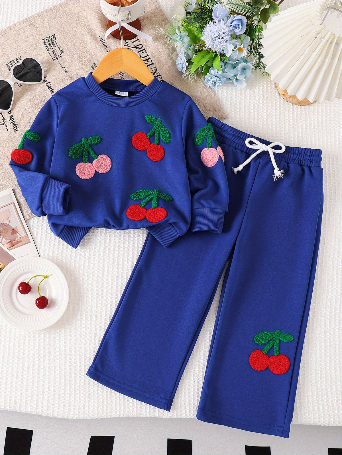 Girls' Blue Pants Set with Textured Cherry Appliques on a Crew Neck Sweatshirt and Wide Leg Trousers